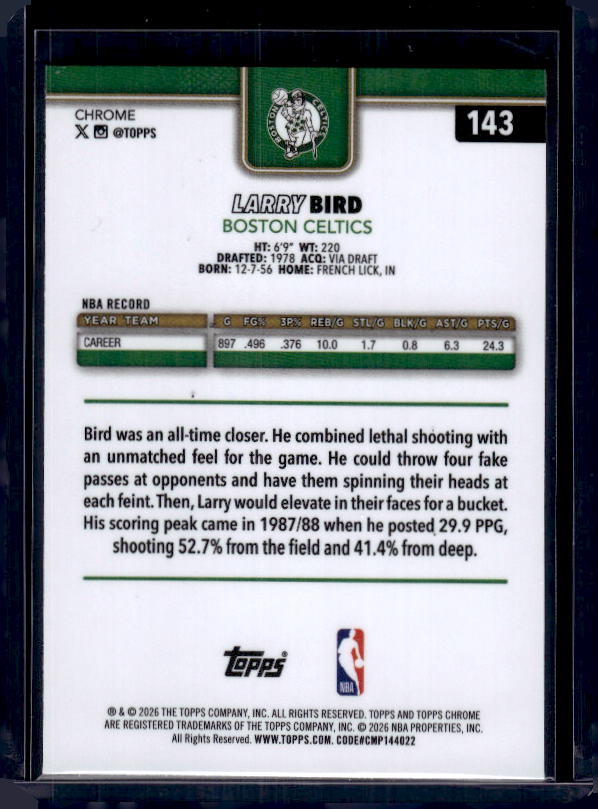 2025-26 Topps Chrome Update #143 Larry Bird Red, White, & Blue