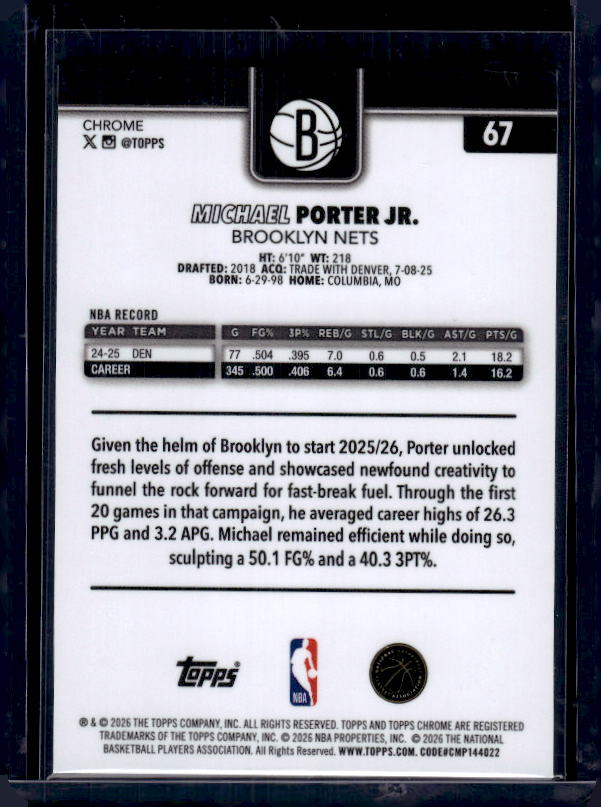 2025-26 Topps Chrome Update #67 Michael Porter Jr. Refractor