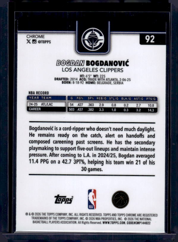 2025-26 Topps Chrome Update #92 Bogdan Bogdanović RayWave