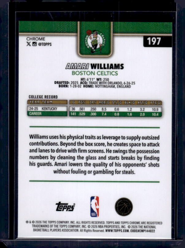 2025-26 Topps Chrome Update #197 Amari Williams Refractor