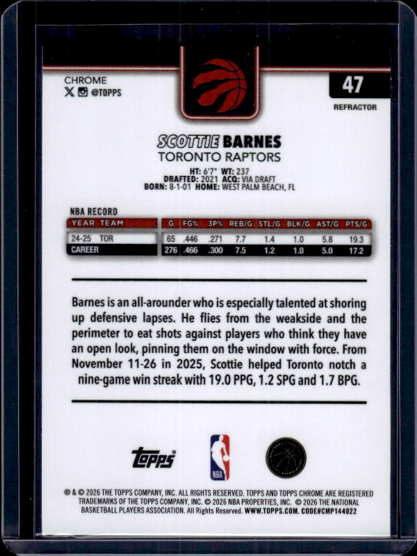 2025-26 Topps Chrome Update #47 Scottie Barnes Refractor