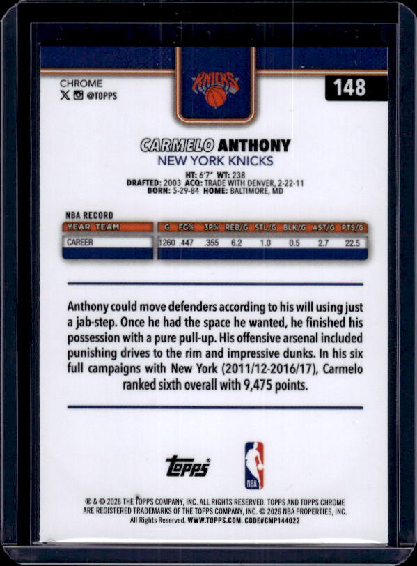2025-26 Topps Chrome Update #148 Carmelo Anthony Red White and Blue Refractor