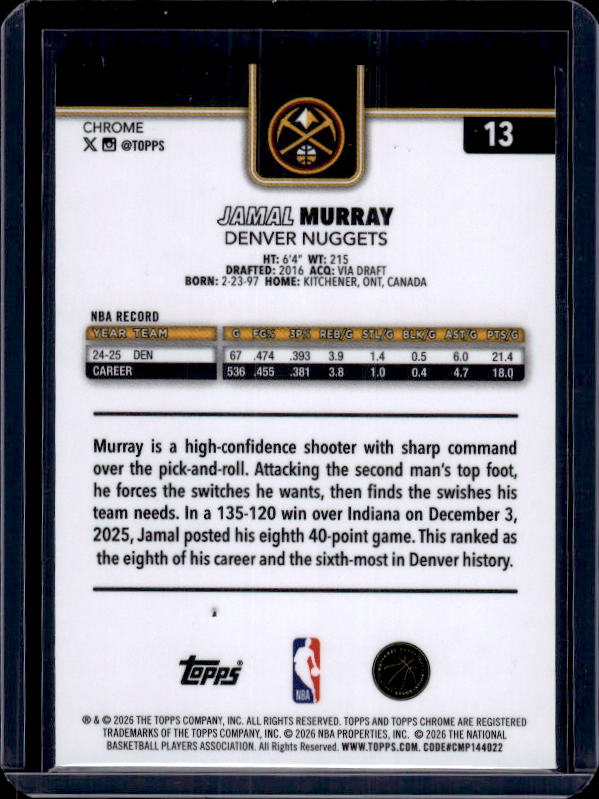 2025-26 Topps Chrome Update #13 Jamal Murray Red White and Blue Refractor