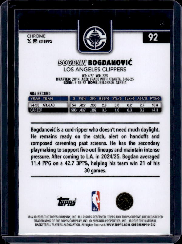 2025-26 Topps Chrome Update #92 Bogdan Bogdanović RayWave Refractor