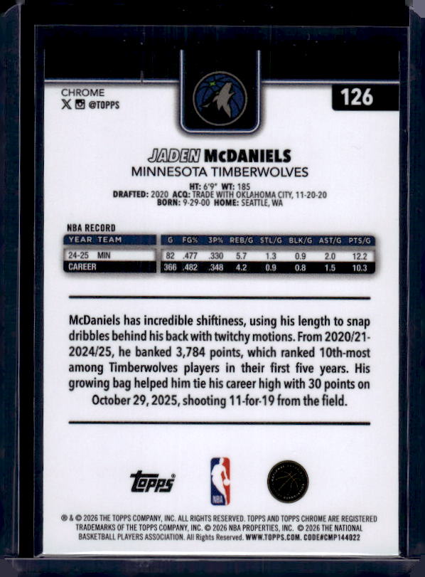 2025-26 Topps Chrome Update #126 Jaden McDaniels Refractor