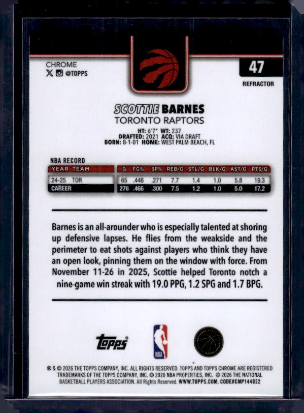 2025-26 Topps Chrome Update #47 Scottie Barnes Refractor