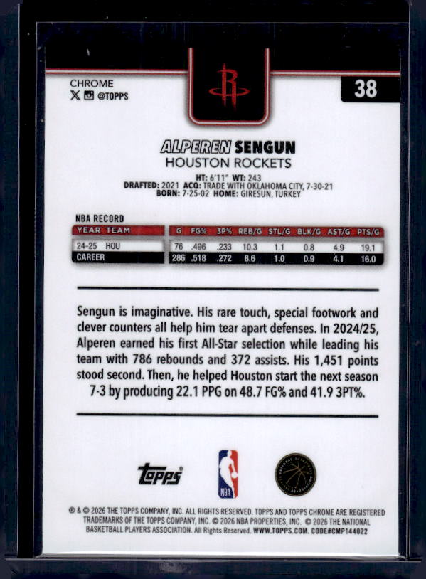 2025-26 Topps Chrome Update #38 Alperen Sengun Red White and Blue Refractor