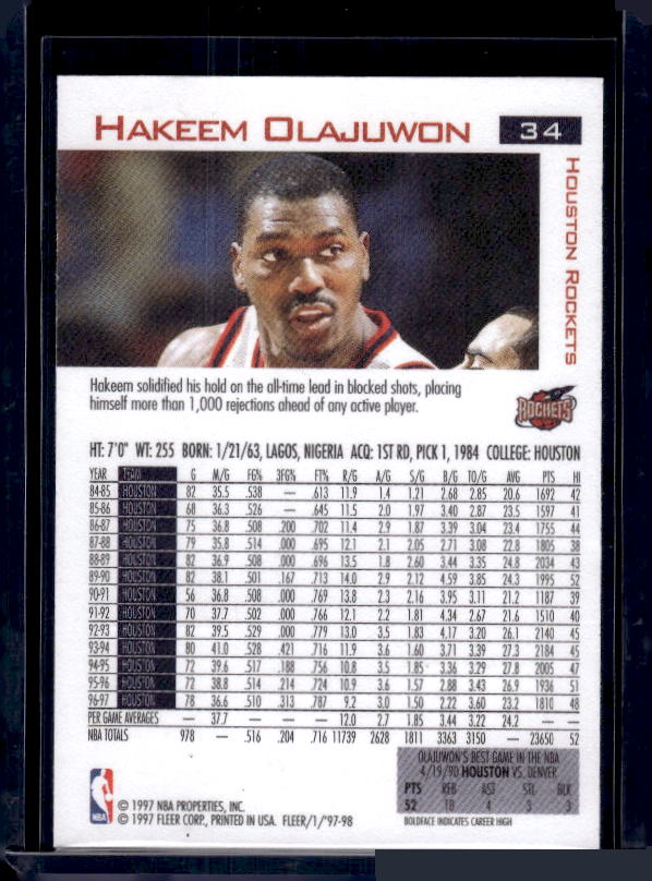 1997-98 Fleer #34 Hakeem Olajuwon