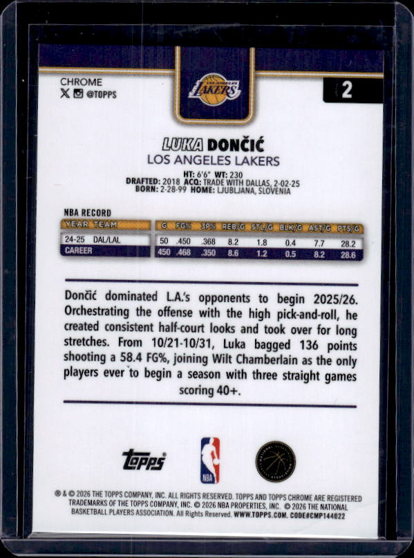 2025-26 Topps Chrome Update #2 Luka Dončić