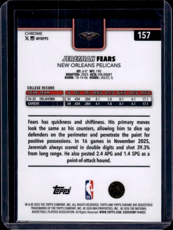2025-26 Topps Chrome Update #157 Jeremiah Fears