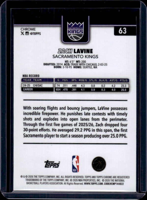 2025-26 Topps Chrome Update #63 Zach Lavine Refractor