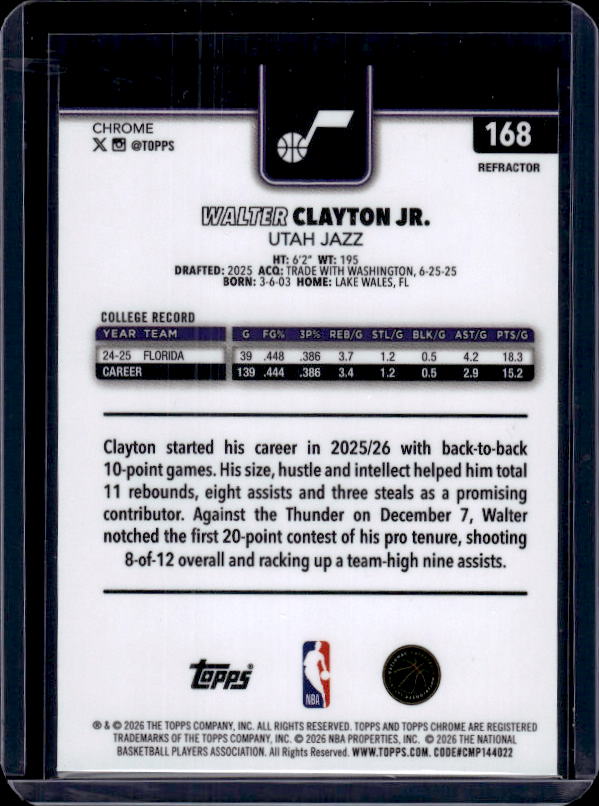 2025-26 Topps Chrome Update #168 Walter Clayton Jr. Refractor