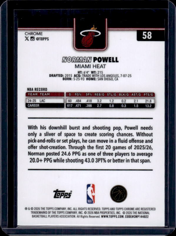 2025-26 Topps Chrome Update #58 Norman Powell