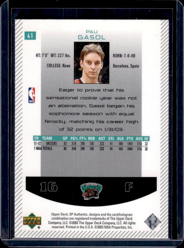 2002-03 SP Authentic #41 Pau Gasol