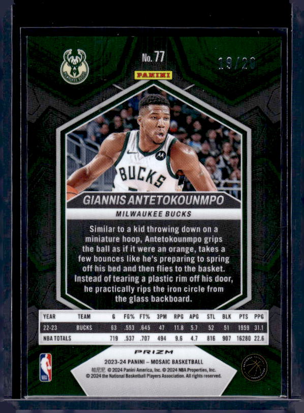 2023-24 Panini Mosaic #77 Giannis Antetokounmpo Fast Break Pink #/20