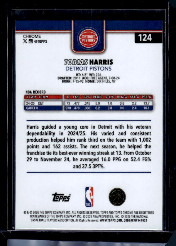 2025-26 Topps Chrome Update #124 Tobias Harris Yellow RayWave Refractor #/275