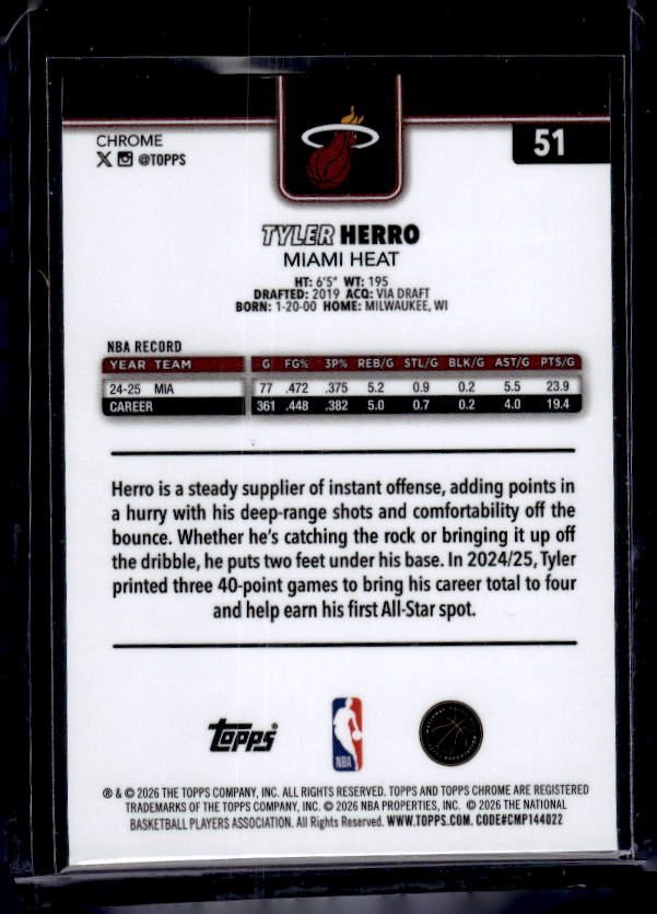 2025-26 Topps Chrome Update #51 Tyler Herro Aqua Refractor #/199