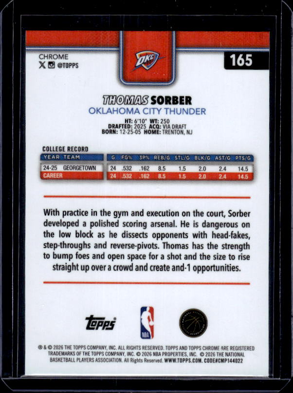 2025-26 Topps Chrome Update #165 Thomas Sorber Blue RayWave Refractor #/150