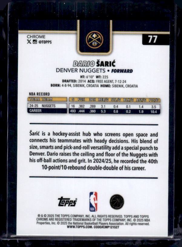 2025-26 Topps Chrome #77 Dario Šarić Aqua RayWave Refractor #/199