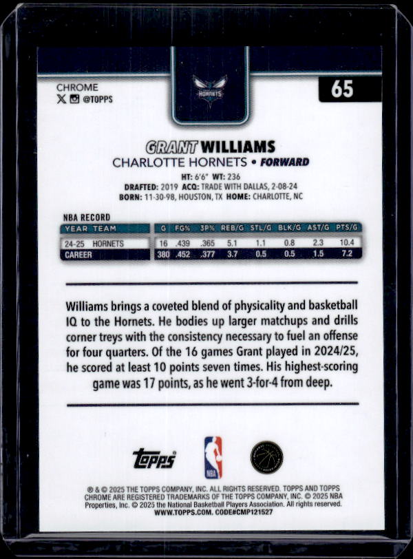 2025-26 Topps Chrome #65 Grant Williams Blue RayWave Refractor #/150