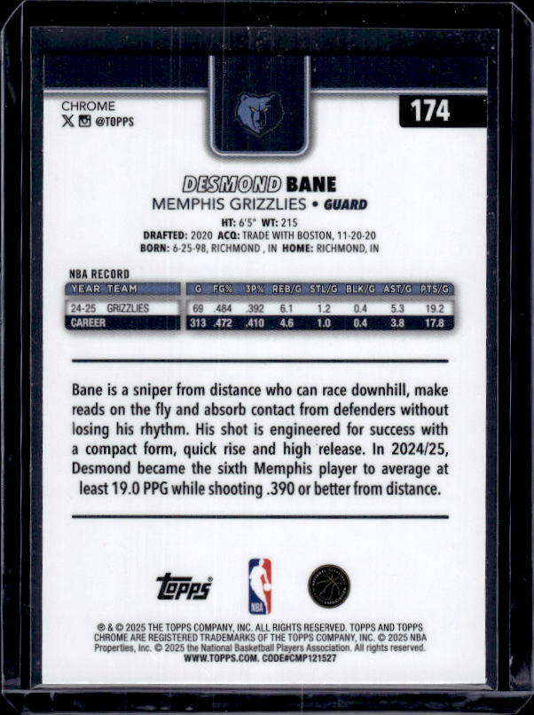 2025-26 Topps Chrome #174 Desmond Bane Yellow Refractor #/275