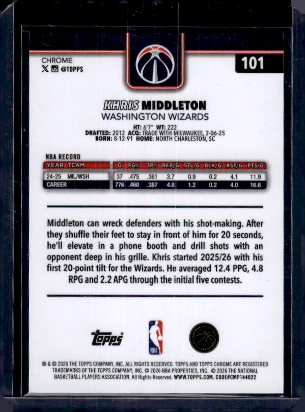 2025-26 Topps Chrome Update #101 Khris Middleton Purple Basketball Refractor