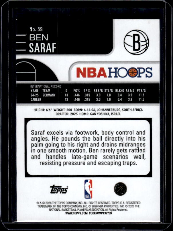 2025-26 Hoops #59 Ben Saraf Orange Hoops