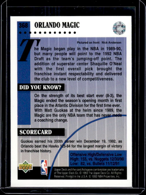 1992-93 Upper Deck #368 Orlando Magic