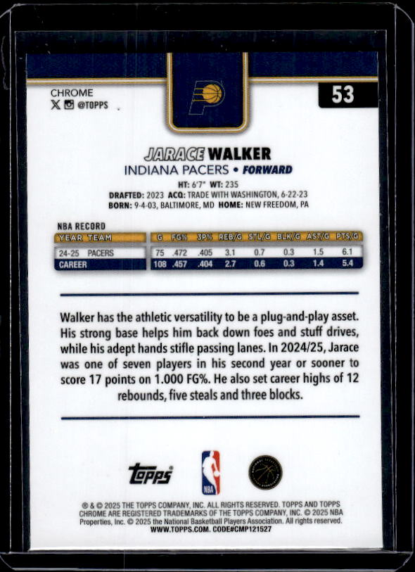 2025-26 Topps Chrome #53 Jarace Walker RayWave Refractor