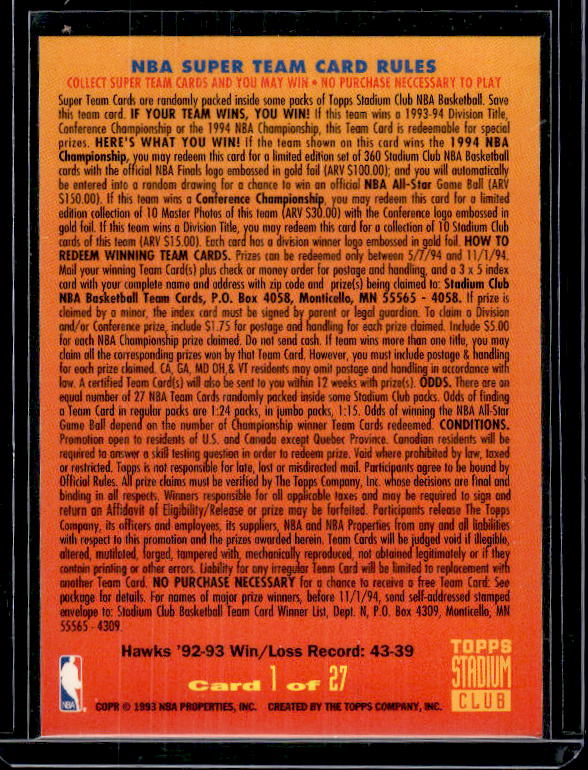 1993-94 Stadium Club #1 Atlanta Hawks Super Teams