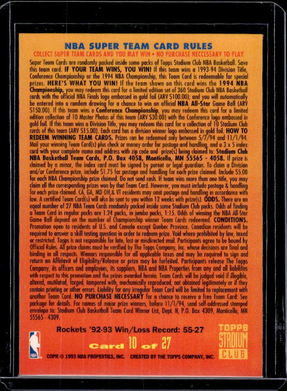 1993-94 Stadium Club #10 Houston Rockets Super Teams