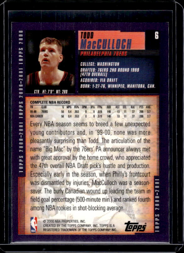 2000-01 Topps #6 Todd MacCulloch