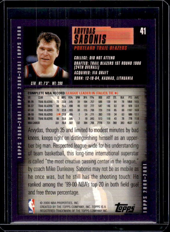 2000-01 Topps #41 Arvydas Sabonis