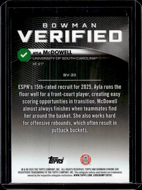 2025-26 Bowman #BV-20 Ayla McDowell Bowman Verified