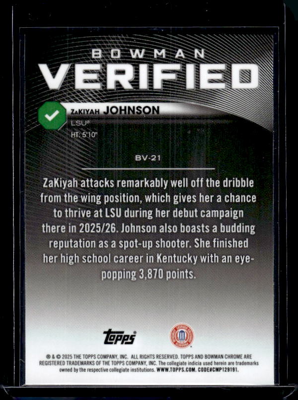 2025-26 Bowman #BV-21 ZaKiyah Johnson Bowman Verified