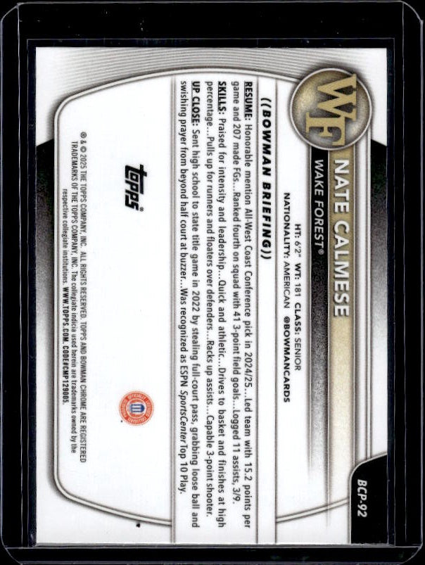 2025-26 Bowman #BCP-92 Nate Calmese Chrome Prospects Reptilian Refractor