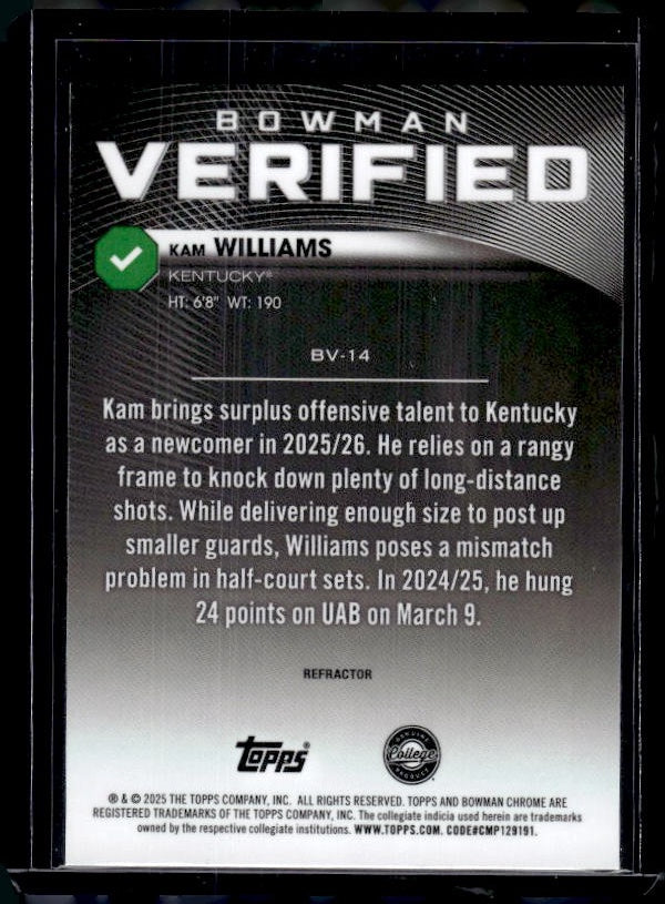 2025-26 Bowman #BV-14 Kam Williams Bowman Verified Refractor