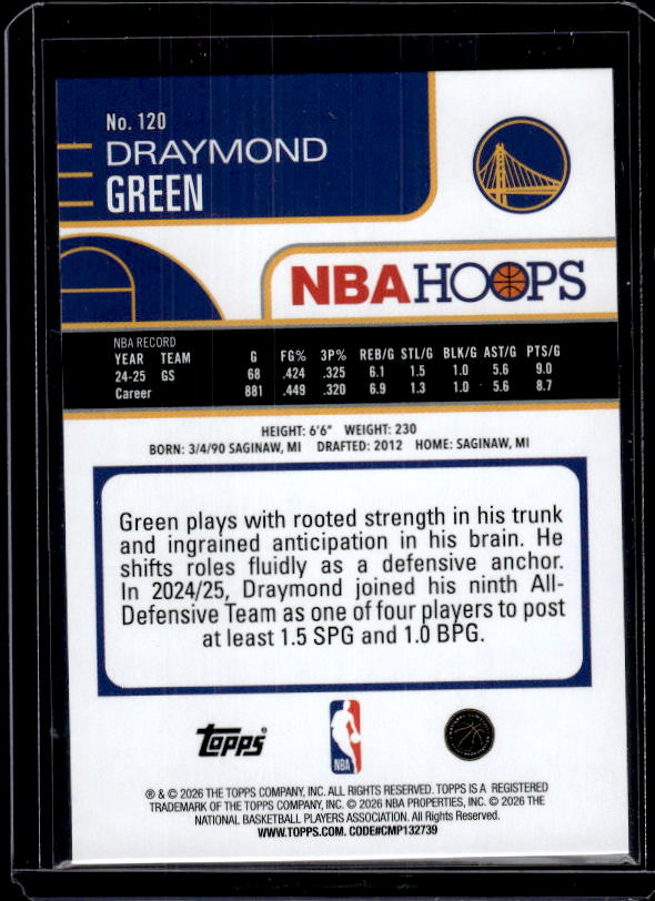 2025-26 Hoops #120 Draymond Green Orange Hoops