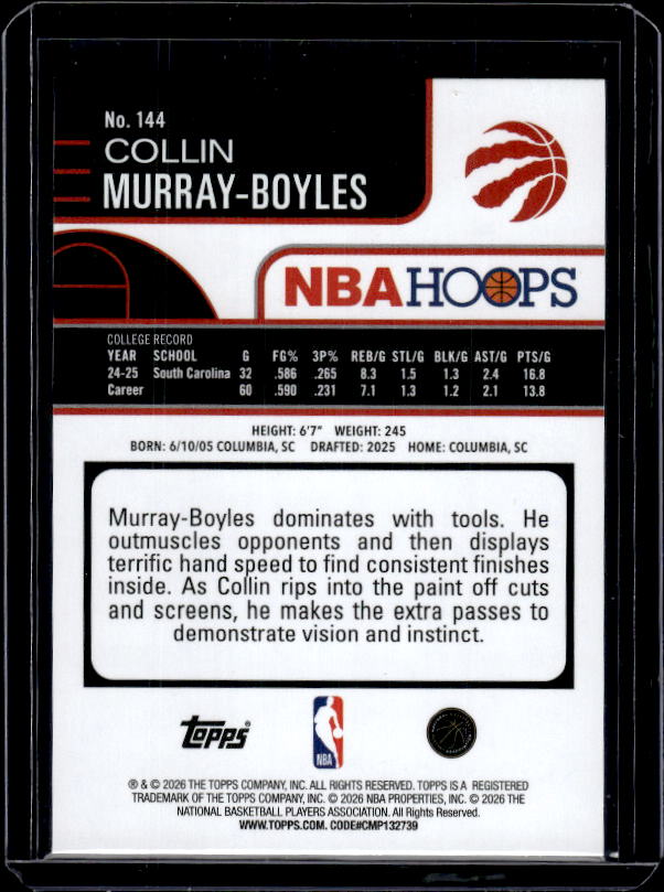 2025-26 Hoops #144 Collin Murray-Boyles Orange Hoops