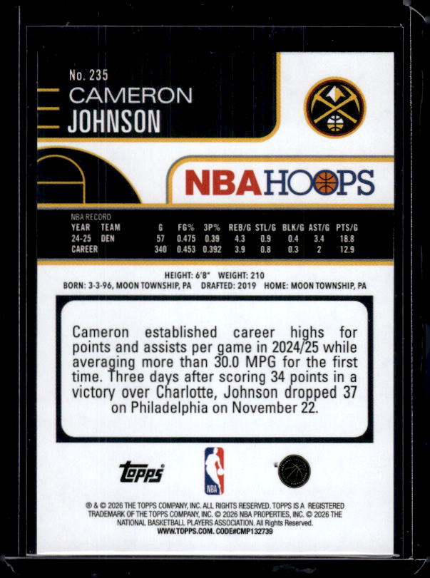 2025-26 Hoops #235 Cameron Johnson Orange Hoops