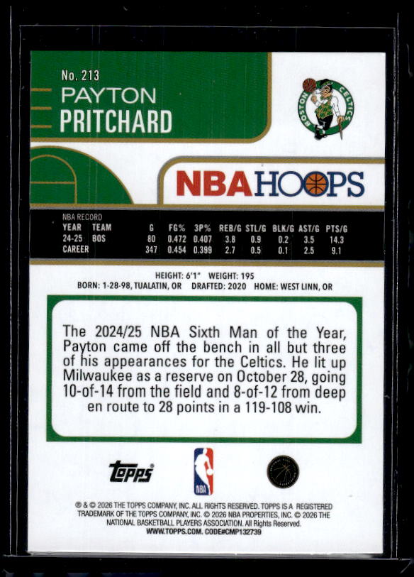 2025-26 Hoops #213 Payton Pritchard Orange Hoops