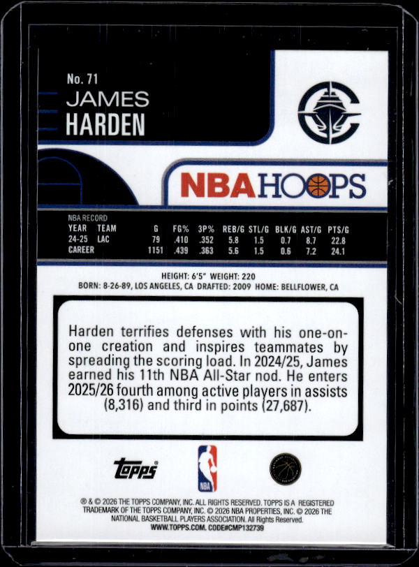 2025-26 Hoops #71 James Harden Orange Hoops