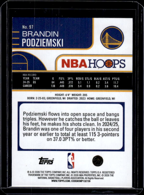 2025-26 Hoops #97 Brandin Podziemski Orange Hoops