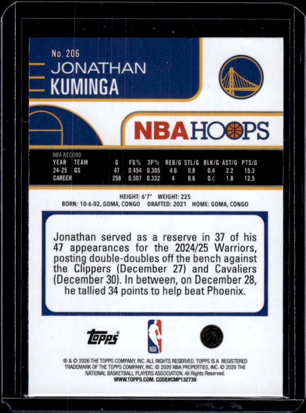 2025-26 Hoops #206 Jonathan Kuminga Orange Hoops