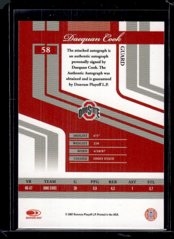 2007 Donruss Elite Extra Ed. #58 Daequan Cook Auto Turn of the Century #/494