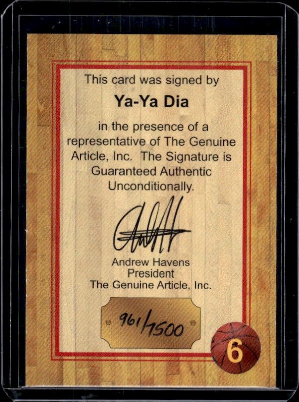 1997 Genuine Article #6 Ya-Ya Dia Autographs #/7500