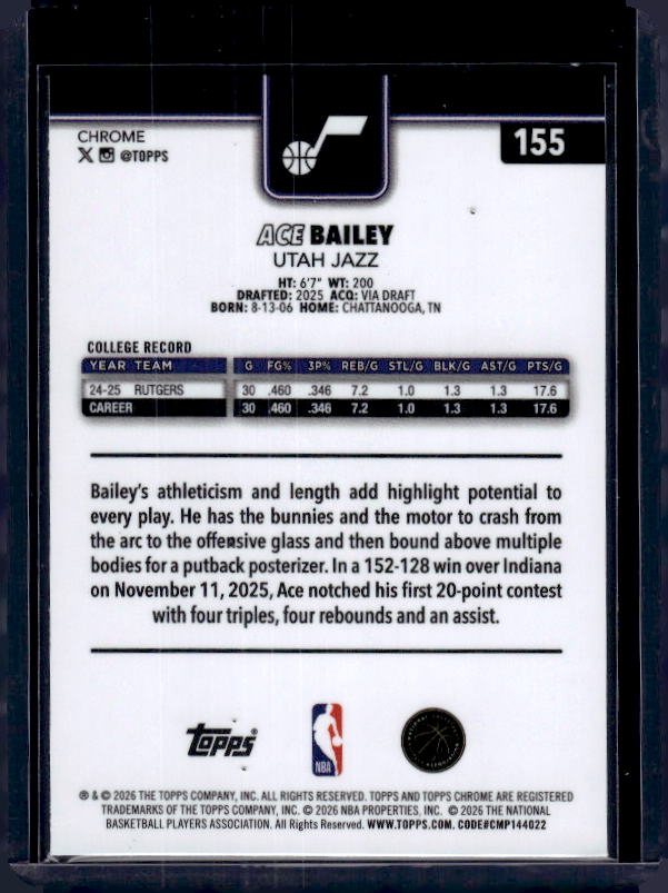 2025-26 Topps Chrome Update #155 Ace Bailey