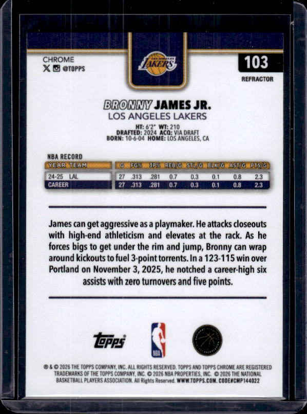 2025-26 Topps Chrome Update #103 Bronny James Jr. Refractor