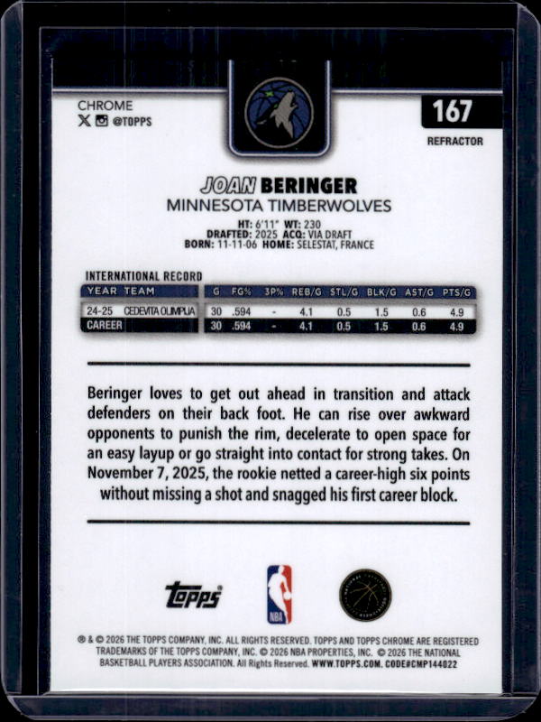 2025-26 Topps Chrome Update #167 Joan Beringer Refractor