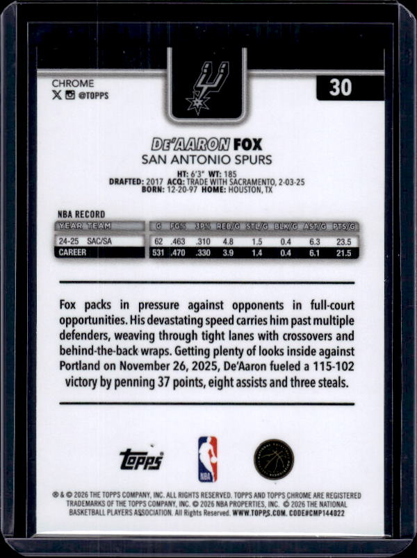 2025-26 Topps Chrome Update #30 De’Aaron Fox Refractor